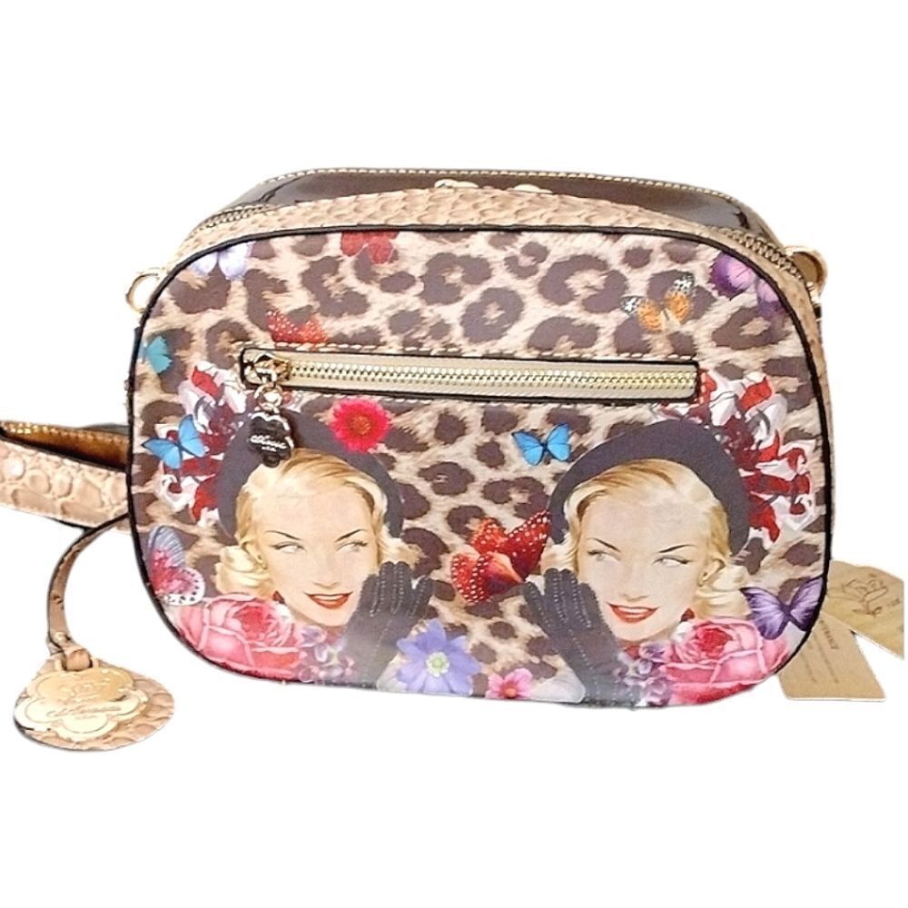 Arosa Tan Red Metallic Vintage Graphic Floral Animal Printed Crossbody NWT